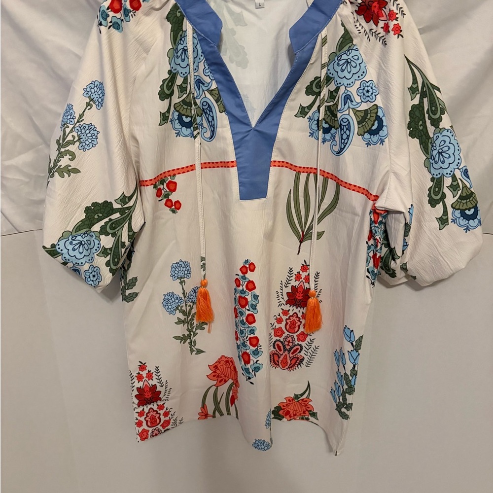Boho Floral Women's Blouse with Blue Accents